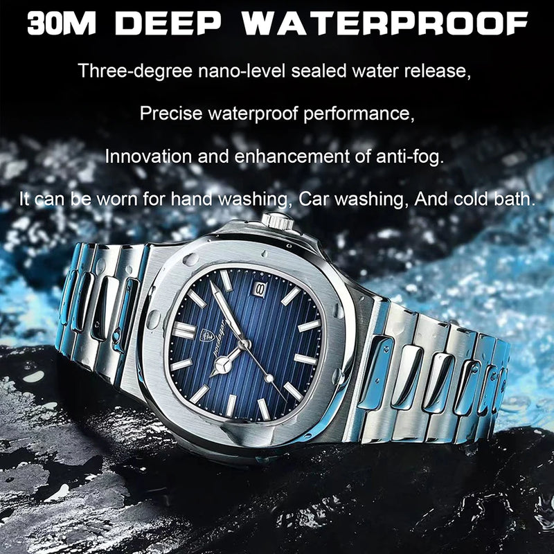 POEDAGAR Luxury Watch Business 30ATM Waterproof Male Clock Luminous Date Stainless Steel Square Quartz Men Watches reloj hombre