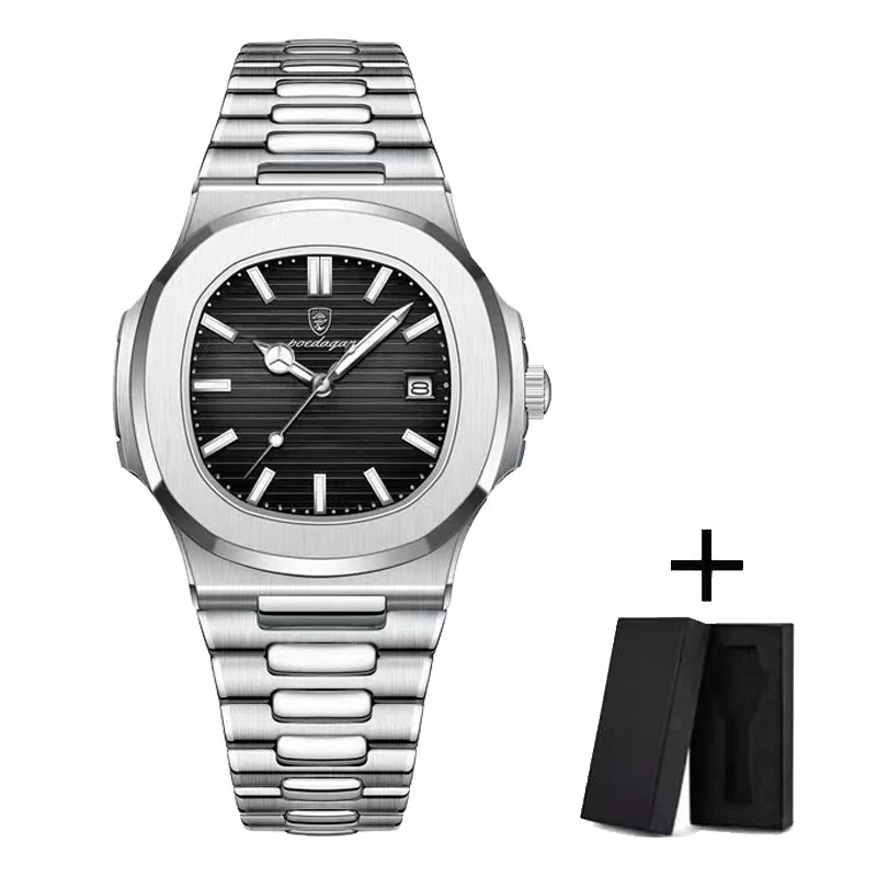 POEDAGAR Luxury Watch Business 30ATM Waterproof Male Clock Luminous Date Stainless Steel Square Quartz Men Watches reloj hombre