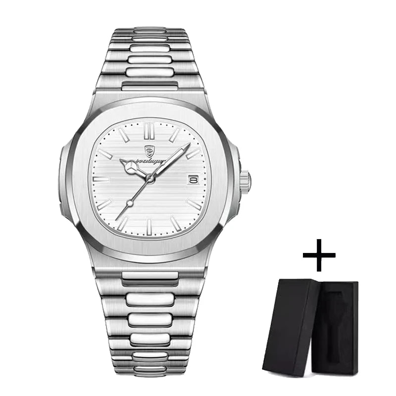 POEDAGAR Luxury Watch Business 30ATM Waterproof Male Clock Luminous Date Stainless Steel Square Quartz Men Watches reloj hombre