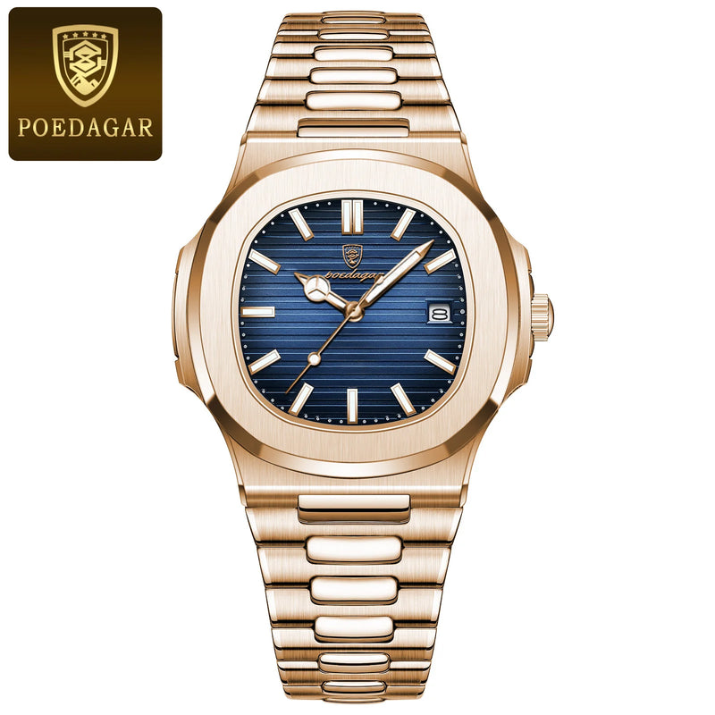 POEDAGAR Luxury Watch Business 30ATM Waterproof Male Clock Luminous Date Stainless Steel Square Quartz Men Watches reloj hombre