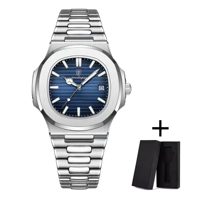 POEDAGAR Luxury Watch Business 30ATM Waterproof Male Clock Luminous Date Stainless Steel Square Quartz Men Watches reloj hombre